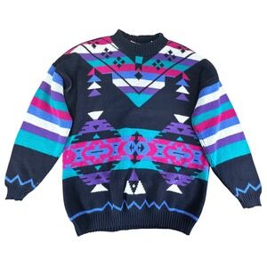 Vintage Clifton Place Mens Sweater Aztec Geometric Multicolor Mock Neck Pullover